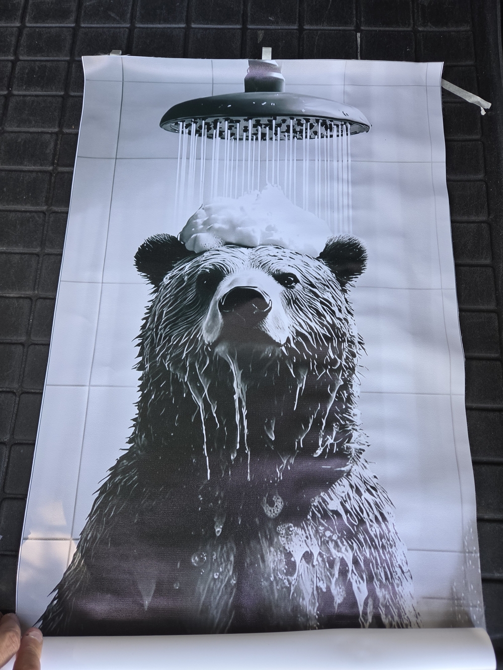 Bear In Shower - Black and White Bathroom Canvas 12x24"